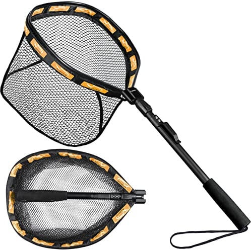 PLUSINNO Schwimmendes Fischernetz für Stahlkopf, Lachs, Fliege, Kajak, Barsch, Forellenangeln, Wels, gummierter Kescher für einfaches Fangen und Lösen, kompakt & faltbar für einfachen Transport &
