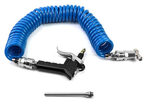 QWORK® LKW Spiralschlauch Ausblaspistole mit 5 Meter Schlauch und 6 mm Schnellkupplung, Druckluftpistole Passend für 6mm Luftschlauch, Blau