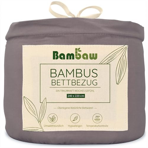 Bambaw Housse de Couette 220x240 Bambou, Drap Fraicheur Hypoallergénique, Drap en Bambou Durable, Housse de Couette Anti Acariens pour 2 Personnes (Gris Foncé)