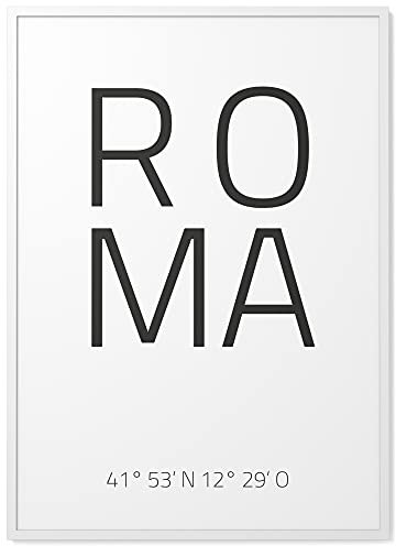 Papierschmiede® Geo Poster Koordinaten Rom, A4 Gerahmt im Holzrahmen (weiß), Stadt Bild als Wanddeko für Wohnzimmer Schlafzimmer Küche Esszimmer, Italien Roma Dolce Vita