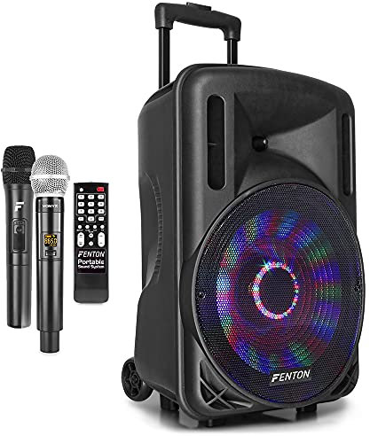 Fenton FT12LED 700W Large Portable PA Speaker System with Bluetooth Technology, Two Wireless Microphones, LED Lights, Ideal for Events, Parties, DJ and Karaoke Use