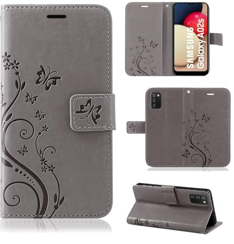 Hülle Kompatibel mit Samsung Galaxy A02s | Premium PU Leder Handyhülle Wallet Case für Galaxy A02s | Schutzhülle Blumen Klapphülle Handyhülle | Grau