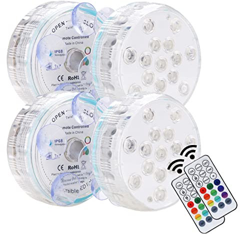REDGO Submersible LED Lights, Hot Tub Lights 16 Colors & 15 LED Ponds Lights Waterproof Underwater Lights LED with Remote Control for Vase Base, Aquarium, Pond Swimming Pool Decor (4 Pack)