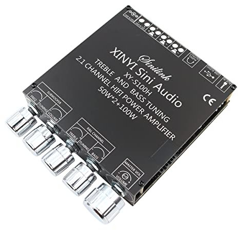 Hsthe Sea Scheda Amplificatore subwoofer Bluetooth HiFi Stereo 2.1 con Regolazione Controllo Alti e Bassi 50WX2 + 100W DC 12V-24V Potenza Audio