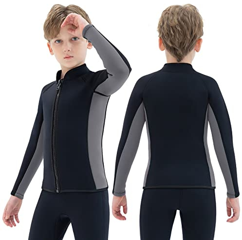 REALON Kids Wetsuit Top Jacket for Boys Girls Toddler Youth, Children's Wet Suit Shirt Neoprene 3mm Long Sleeve Front Zipper Swimsuit for Swimming Surfing Dive Snorkeling Water Sports