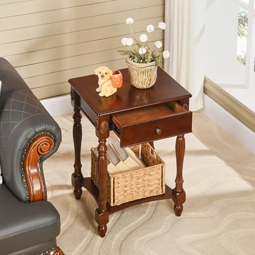 MODERION Beistelltisch aus Holz massiv,Beistelltisch mit Schubladen, Nachttisch, Hoher Sofatisch, Robust und Stabil, Platzsparend,Vintagebraun