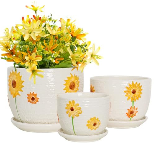 Hlukana Keramik Pflanztöpfe 3er Set, 6,75/5,6/10,7 cm Pflanzgefäße mit Drainagelöchern und Untersetzer, Blumentöpfe Outdoor Indoor, Moderne Dekorative Pflanzgefäße für Zimmerpflanzen Garten