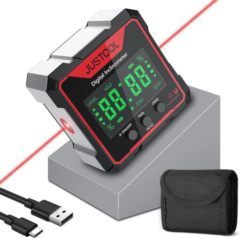 JUSTOOL Angle Finder Digitale con Ricarica USB LCD Inclinometro 4x90° con Magnetico Forte su 4 Lati Level Box Goniometro Impermeabile IP54 per Carpenteria Edilizia Muratura Automobile