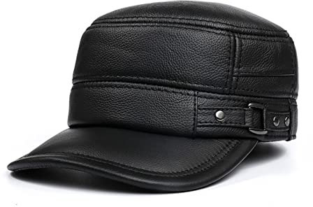 Vintage Herbst-Winter-Mützen, Echtes leder männer milit-ary hüte braun schwarzes echtes leder warm dicker russischer winter männliche armeekappe Leicht zu reinigen, warm für Senioren ( Color : Noir ,
