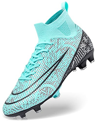 DimaiGlobal Fußballschuhe Herren High Top Spike Microfaser Cleats Professionelle Fussballschuhe Jugendliche Athletics Trainingsschuhe Outdoor Sportschuhe Fußball Stiefel 35EU Türkis