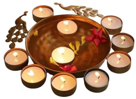 The Advitya Uruli Diya Potpourri-Schale aus Messing, handgefertigt, für schwimmende Blumendekoration und Teelichter, Büro- und Diwali-Dekorationsartikel (Pfau Urli – klein), Gold