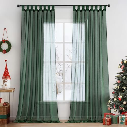 MIULEE Gardinen Schlaufenschal 2er Set Vorhänge Transparente Schlaufen Gardine aus Voile Vorhang Transparent Wohnzimmer Luftig Dekoschal für Schlafzimmer 245 x 140 cm (H x B), Tab Top Dunkelgrün