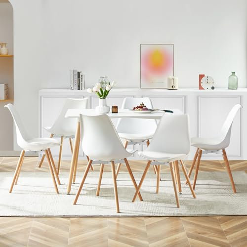 LafeuR Esszimmergruppe Esstisch mit 6 Stühlen, Rechteckig Küchentisch-Set Essgruppe für Küche Esszimmer und Wohnzimmer (Weiß Tisch+6 Weiß Esszimmerstühle)
