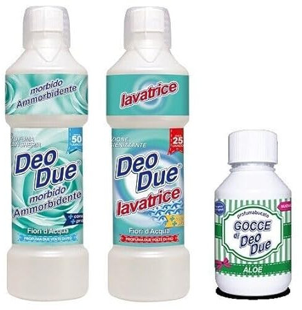 Set Deo Due Detersivo Lavatrice e Ammorbidente Fiori D'Acqua, Gocce Bucato Fragranza Aloe, Tris Deo Due Ultra Profumato