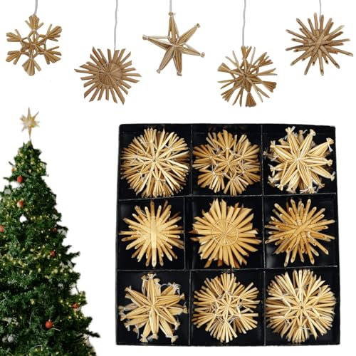 27 Stück Strohsterne Set 6cm Baumschmuck Weihnachtsdekoration Christbaum Schmuck Stroh Natürlicher Christbaum Behang