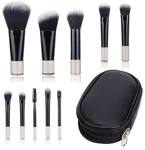Lot de 10 Pinceaux de Maquillage de Voyage, Mini Pinceau de Maquillage Avec Sac PU, Set de Pinceaux Cosmétiques, Set de Pinceaux de Maquillage Portable (Noir)