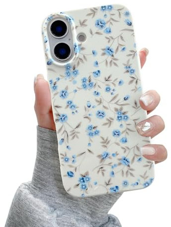 QLTYPRI für iPhone 16 Hülle, Cute Floral Flower Pattern Ästhetische Handyhülle, Erhöhte Kamera Schutz Weiche Slim TPU stoßfest Schutzhülle Handyhülle für Mädchen Frauen - Blau