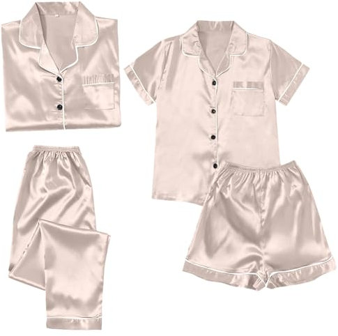 Generisch 152 Pyjama de Noël en soie pour fille avec manches longues et boutonnière Chemise de nuit en dentelle à manches longues, Z-Rose Gold, 3XL