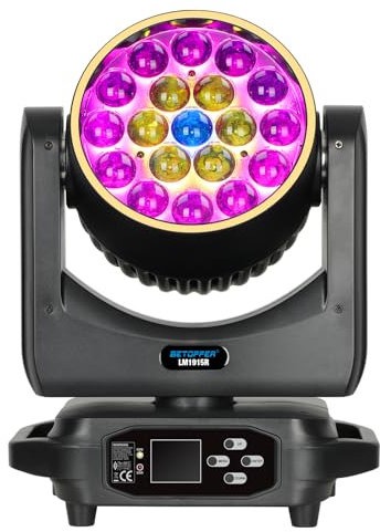 BETOPPER Lumière de Scène Lyre LED Moving Head Lampe 19x15W RGBW DMX 4 en 1 Éclairage de Scène Projecteur DJ avec Effets de Bande Lumineuse, Mariages, Fêtes, Clubs (Onesize)