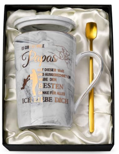 Geburtstagsgeschenk für Papa Geschenk zum Geburtstag Vatertag, Bester Papa Tasse, Du Wirst Papa Geschenke für Werdende Vater, 400ml Grau Marmor Becher mit Goldschrift, Deckel Löffel Karte, Geschenkbox