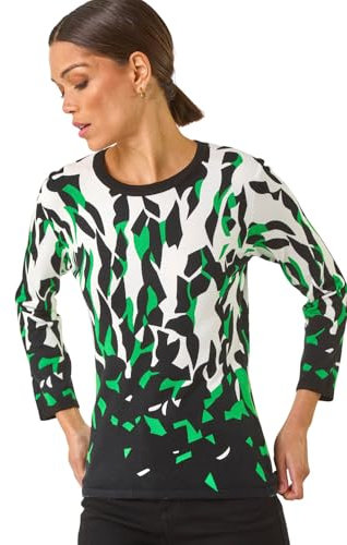 Roman Originals Animal Print 3/4 Sleeve Knit Jumper for Women UK - Ladies Everyday Autumn Winter Round Neckline Comfy Soft Evening Vacation Work Party Night Out - Noir - Size 14