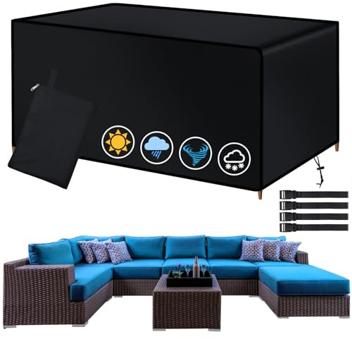 Omtofo Housse Salon De Jardin Exterieur, 180×120×74cm 420D Oxford Housse Table De Jardin Rectangulaire, Noir Bache Table Exterieur Pour Tous Les Temps, Pour Table, Chaise Et Canapé