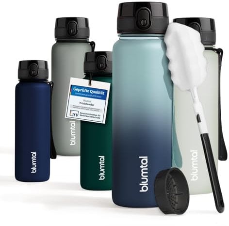 Blumtal Trinkflasche 1L - auslaufsichere Trinkflasche Sport + 1-Klick-Verschluss - BPA-freie Wasserflasche 1L + Sieb - Spülmaschinenfest - 1 Liter- Grau-Blau
