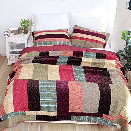 UQACHG Couvre-Lit 3 Pièces en Patchwork De Coton Rose À Rayures, Léger, 240 X 260 Cm, Couvre-Lit Matelassé, Couvre-Lit Double, Couette avec 2 Taies d'oreiller