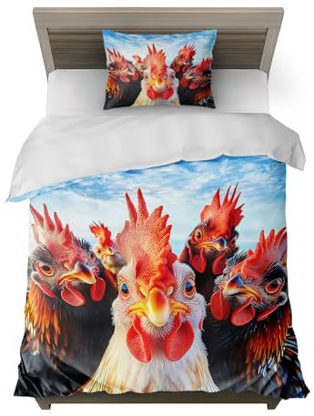 HommomH Hähne Motiv Bettwäsche Maße 135x200 cm Microfaser 2 teiliges Set enthält 1 Bettbezug und 1 Kissenbezug 80x80 cm für stylische Einzelbetten