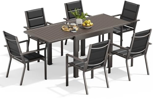 Devoko Gartenmöbel Set 6 Personen,6+1 Aluminium Tisch und Stühle Set Balkonmöbel, 6 Stapelbare Gartenstühle und 1 80/160 cm Dehnbarer Gartentisch,Terassen möbelsets außen Lounge, Braun