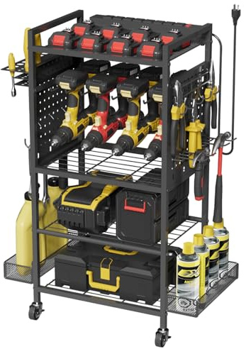 NEYCIL Power Tool Organizer Cart with Charging Station, Heavy Duty Garage Tool Organizer Rolling Tool Battery Storage (Black, Large)