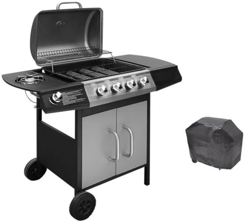 LAPOOH Barbacoa Grill de Gas 4+1 quemadores Negra y Plateada, Barbacoa con Tapa, Barbacoa Camping, Barbacoa Jardin Exterior, Barbecue, Cocina Exterior,