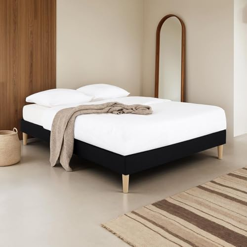 IDIMEX Sommier tapissier QUIMPER 140 x 190 cm Structure en Bois et revêtement en Tissu Noir, Cadre de lit avec Pieds et sommier à Lattes déhoussable pour 2 Personnes