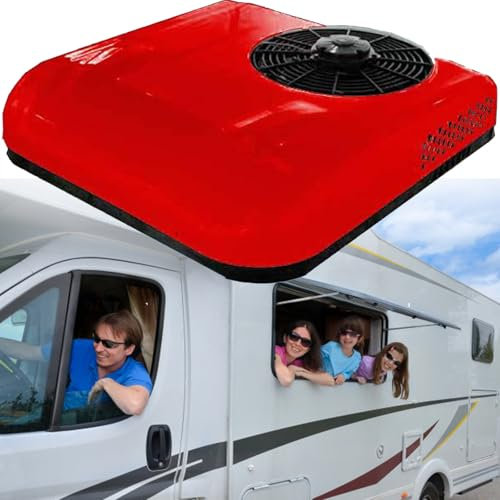 12V/24V DC RV Climatiseur 2 en 1 RV Climatiseur de Toit,Climatiseur de Stationnement électrique Camping-car Système de Climatisation pour Voiture RV Camion Camper Pe,Red-24V