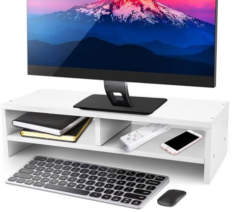 2-Tier Wooden Monitor Stand Riser with Storage Shelf Desk Organiser 500x200x132mm for Home Office PC & Computer Accessories (White)