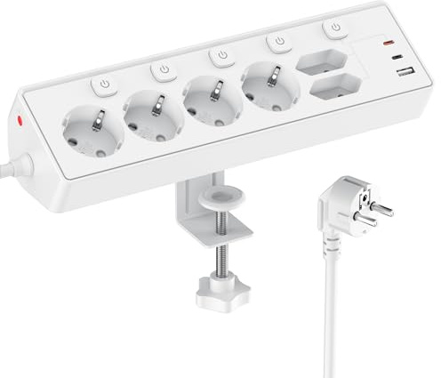 6 Fach Steckdosenleiste mit 3 USB PD 30W, Kemelo Mehrfachsteckdose mit Überspannungsschutz, Ecksteckdosenleiste, Einzeln Schaltbar, 3m Kabel für Küche Büro, Weiß