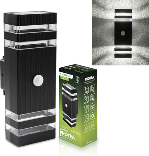 Lumiled Außenwandleuchte mit Bewegungsmelder GU10 IP54 Schwarz Up Down Wandlampe Modern Aluminium für Fassade Terrasse Garten Außenbeleuchtung Rechteckig