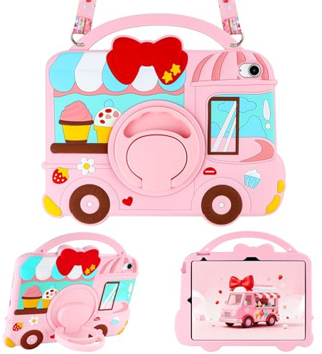 Coolden for iPad A16 Case 11th Generation 11 Inch 2025 for iPad 10th Generation Case 10.9 Inch 2022 for Kids Girls with Shoulder Strap 360 ° Rotating Stand Cute Soft Silicone Protective Cover-Pink
