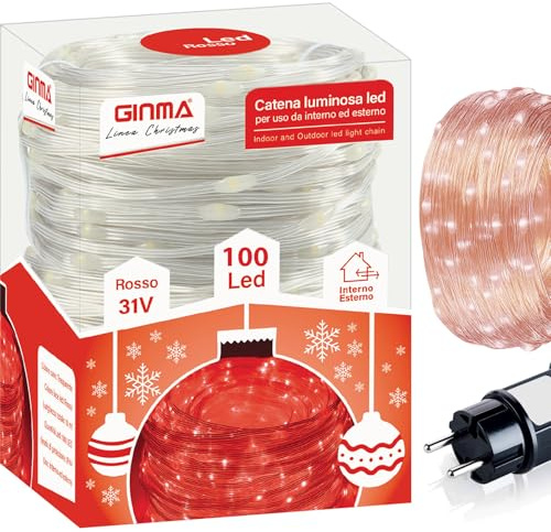 GINMA - Luci Natale LED Interno e Esterno con 8 Effetti Luce, Certificate IP44, Basso Consumo e Impermeabili - Cavo Trasparente (Rosso Rubino, 7 Metri (100 LED))