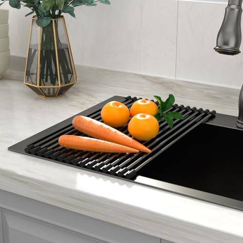 Hontzes Roll Up Dish Drying Rack 304 Stainless Steel Non-Slip 47.6x27.3cm | Foldable Dish Drainer Sink Mat,Multipurpose Heat-Resistant Anti-Slip Drying Rack for Over Sink & Kitchen Counter Top Black