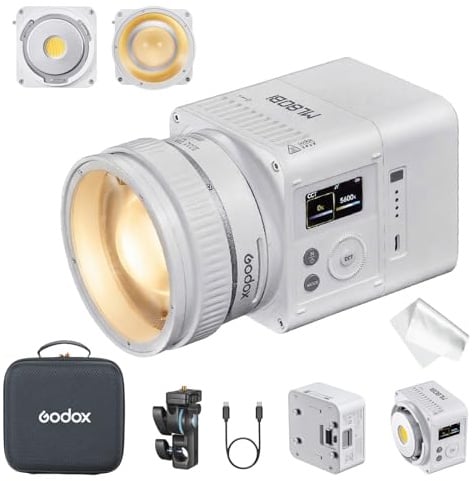 Godox ML80Bi Bi-Color LED Videoleuchte 2800–6500K, 29.600 Lux, Kompakte Modulleuchte mit Zoomobjektiv, App- & Drahtlossteuerung, CRI 96 TLCI 96, Akku- & Netzbetrieb für Foto und Video