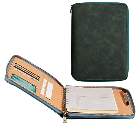Cherrii Konferenzmappe, Padfolio, Reißverschluss, Portfolio mit 6 Ringen, PU-Leder, Organizer mit Schreibblock, A5-Größe, Geschäftsdokumente für Damen und Herren, Vorstellungsgespräche, Führungskräfte