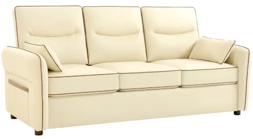 HOMCOM Sofá de 3 Plazas Tapizado en Cuero Sintético 190x83x90 cm Beige | Sofá de Salón Moderno, Acolchado Grueso, Asiento Ancho, Reposabrazos y Bolsillo Lateral, Montaje Rápido, 2 Almohadas