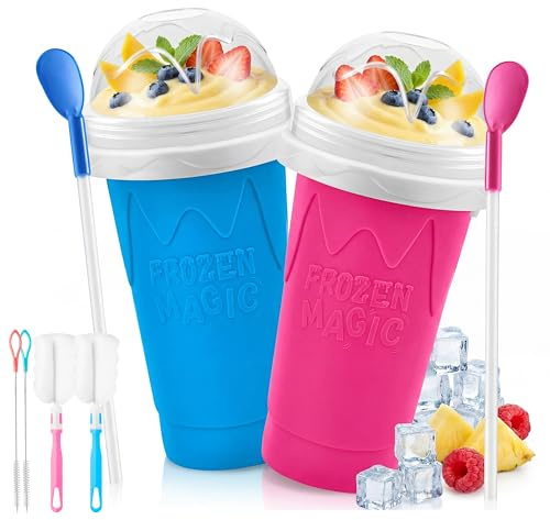 Kroc4vani 2 Pack Slushy Cup - DIY Quick Freeze Squeeze Bottle with Lid & Straw Spoon, Frozen Magic Cooling Cup for Milk, Juice, Smoothies, Cool Summer Gifts for Kids Family Friends (Blue+Pink)