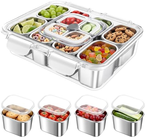 Freyeeti Caja de aperitivos con 8 compartimentos de acero inoxidable, | bandeja de aperitivos con asa y tapa, para diferentes frutas y aperitivos, así como especias para fiestas, pícnics y viajes