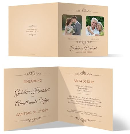 Individuelle Goldene Hochzeit Einladungskarten/Goldhochzeit Einladungen 50 Jahre - Zeitsprung Motiv, mit 2 Ihrer Fotos (früher und heute), 300g/qm Kartonpapier Klappkarten, 10 bis 100 Stück