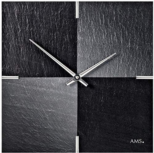 AMS 9520 Wanduhr Quarz Schiefer Naturschiefer mit Aluminium Schieferuhr Schach