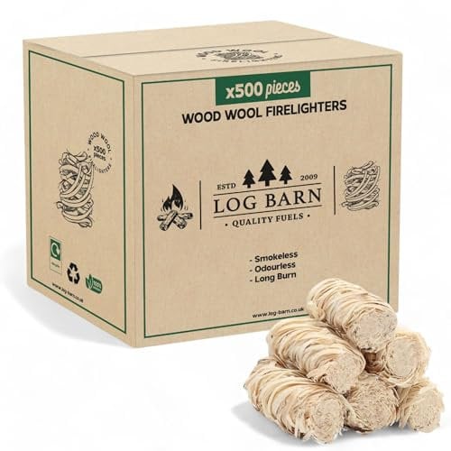 Log Barn Encendedores Naturales - Caja de 500, Pastillas de Encendido para Barbacoa, Estufas de Leña, Hornos de Pizza, Chimeneas, Lana de Madera para Encender Fuego - Auténtica Leña Log Barn