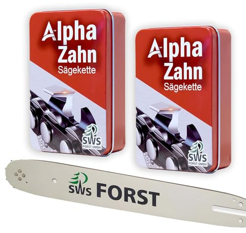 35cm SWS Forst GmbH Schwert Set mit 2 Alphazahn Sägeketten in der praktischen Metallbox 3/8 1,1mm 50TG kompatibel mit Stihl HT100