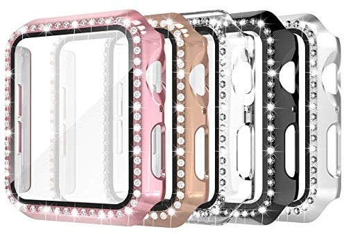 Simpeak 5-Stück Schutzhülle kompatibel mit Apple Watch Series 6 Se 5 4 44mm, Diamant Hülle mit Tempered Glas, Harte Schutz Zubehör für Watch, Glitzer Gehäuse
